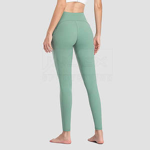 Leggings de Yoga de Cintura Alta y Largo Completo, Color Verde Sólido, Spandex y Nailon, Pantalones Elásticos con Bolsillos, Diseño con Costuras en Contraste - Product Image 3