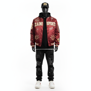 Chaqueta Universitaria de Satén de Alta Calidad de 320 g/m², Color Granate Dorado, con Logotipo Personalizado Bordado, Chaqueta de Satén Elegante y Urbana Unisex para Hombre - Product Image 1