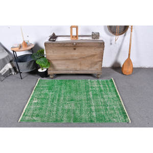 Tapis Turc Vintage Moderne 3.2 X 4.7ft Vert Patchwork Design Fait Main en Laine avec Support en Latex Classique Grande Taille pour Adolescents - Product Image 1