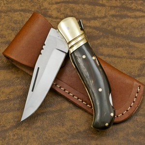 Couteau pliant utilitaire en acier inoxydable avec verrouillage arrière, manche en corne de taureau, étui en cuir, pour la chasse, le camping, qualité industrielle, ODM - Product Image 4