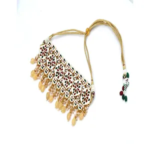 Gold-Plated Light Yellow Tumble and Polki Kundan <b>Studded</b> Bridal and Fine Jewelry Set with Zircon Main Stone - Product Image 3