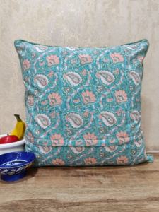 Housse de coussin 45x45cm en coton slub 100% véritable imprimé à la main motif lotus bleu ciel, fermeture éclair au dos, pour usage domestique - Product Image 4