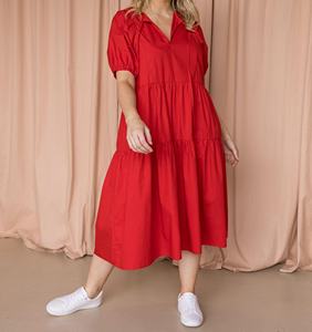 Robe d'été vintage décontractée rouge vif, longueur mi-mollet, 100 % coton, coupe trapèze, collection 2026, fabricant de vêtements américains et européens - Product Image 3