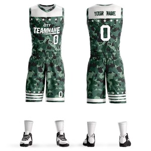 Ensembles d'uniformes de basketball d'été pour hommes, personnalisés, respirants, à séchage rapide, de haute qualité, imprimés numériquement, camouflage, 100 % polyester - Product Image 2