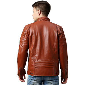 Chaqueta de Motociclista para Hombre de Piel de Oveja Auténtica con Cremallera, Color Lavanda Marrón, con Forro de Viscosa Acolchado - Product Image 3