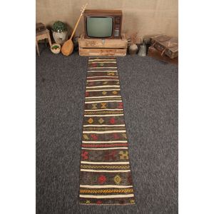 พรมตุรกี, พรมวินเทจขนาดเล็ก 1.9x9 ฟุต, พรมลายเรขาคณิตสีน้ำตาลรุ้ง - Product Image 1