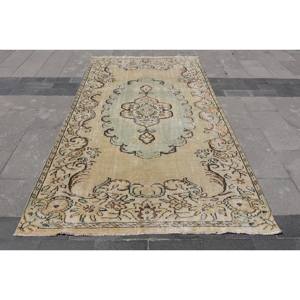 Tapis Turc Classique Vintage Beige Vert 5.1X8.9 ft Laine Faite à la Main avec Support en Latex Motif de Patchwork Rectangulaire pour Chevet - Product Image 1