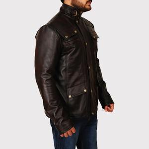 Veste en cuir véritable marron foncé pour homme 2026, style classique de motard avec boutons-pression, multiples poches et col montant - Product Image 3