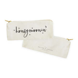 Honeymoonin' Large Linen <b>Makeup</b> <b>Case</b> Embroidered Letters Cute Portable Travel Pouch Zipper Closure Cotton Canvas Pencil <b>Case</b> - Product Image 2