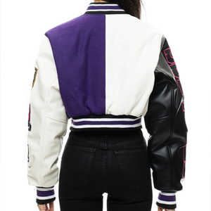 Veste universitaire en cuir véritable écologique coupe-vent à carreaux réguliers violet blanc noir sur mesure pour femmes Bomber College Baseball - Product Image 5