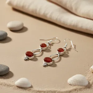 Pendientes de Plata Tibetana Art Palace con Coral, Estilo Bohemia para Mujer, Engaste de Bisel, Joyería de Plata 925, Elegante Gema Roja para Fiesta - Product Image 1