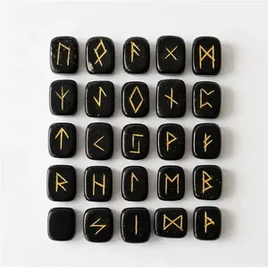 Ensemble de runes Futhark en jaspe noir naturel gravé, pierres de chakra Reiki vintage - Product Image 1