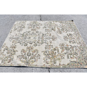 Tapis turc Vintage Beige Vert 5.4 X 6.7ft fait à la main en laine grande surface Patchwork Design rectangulaire couloir Latex pour la décoration de la chambre - Product Image 4