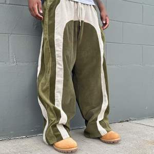 Pantalon ample en velours côtelé pour homme, patchwork, rayures arquées, jambes larges, streetwear, bas décontractés, logo personnalisé - Product Image 3