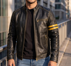 Blouson moto en cuir véritable pour homme, rouge et blanc, avec fermeture éclair, col rabattable, respirant, style automne - Product Image 1