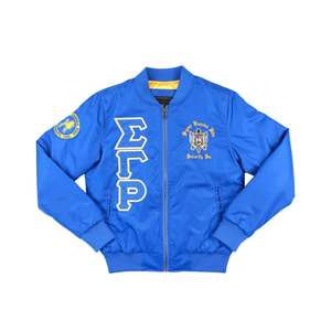 Chaqueta de bombardero Sigma Gamma Rho SGRho azul real 100 poliéster bordado cresta impermeable a prueba de viento hermandad griega vida - Product Image 1