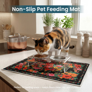 แผ่นรองอาหารสัตว์เลี้ยง Yakut Flowers กันลื่น ซักได้ แผ่นรองชามอาหารสุนัขและแมวแบบสั่งทำพิเศษ ขนสั้น แผ่นรองอาหารสัตว์เลี้ยงแบบส่วนตัว รับผลิตแบบ OEM ODM - Product Image 2