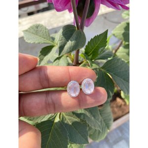 925 Silver Natural Oval Rose Quartz <b>Stud</b> <b>Earrings</b> Diamond Bezel Setting 14K 18K Gold White/Gold Rose Gold-Cute Trendy Inlay - Product Image 3