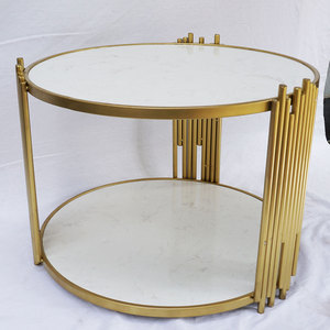 Modern Farmhouse 2-Tier <b>Round</b> Tea <b>Table</b> 60x60x45cm Convertible Stone Top and Iron Legs Durable for Entry Use-TT68103 - Product Image 4