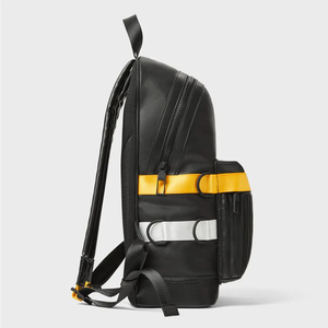 Minimalist <b>Black</b> Softback Laptop <b>Backpack</b> With Yellow And White Stripes Zipper Closure Unisex Water Resistant 20-39L Capacity - Product Image 1