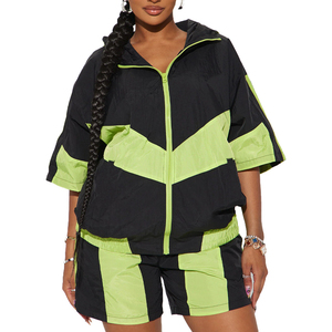 Conjunto de 2 piezas de nueva moda, conjunto corto cortavientos de nailon personalizado Unisex impermeable elástico de alta calidad con cremallera para mujer - Product Image 1