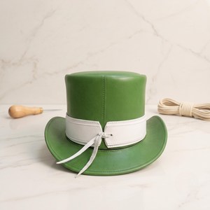 Premium Quality Custom Made Elegant Green Leather Top <b>Hat</b> with White <b>Band</b> Classic Vintage Silhouette - Product Image 5