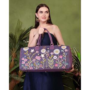 Embroidered Vegan Leather Travel <b>Duffel</b> <b>Bag</b> with Zipper Closure-Eco-Friendly 53x26x20cm Purple - Product Image 4