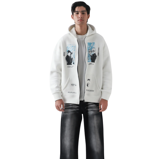 White Anime Print Zip Hoodie Men Stylish Streetwear Graphic 100% Cotton Fleece Casual Unisex Warm Winter Breathable Sweatshirt