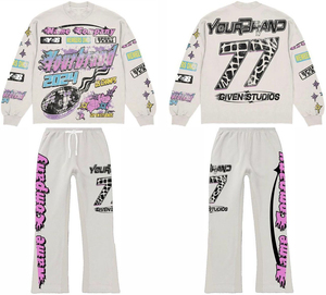 เสื้อมีฮู้ดและกางเกงวอร์มแนววินเทจสำหรับวิ่งชุดวอร์มสองชิ้นพิมพ์ลายหน้าจอ DTG ชุดกันเหงื่อสำหรับผู้ชายชุดวอร์ม - Product Image 1