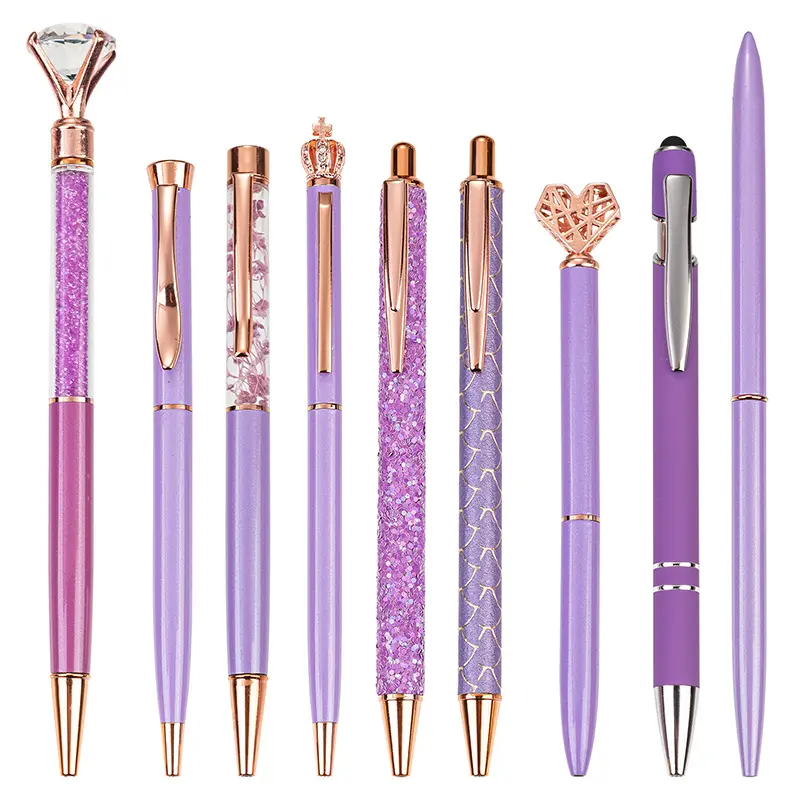 Metal Crystal Diamond Pen 9 Piece Set Liquid Sand Color Glitter Retractable Black Ink Ballpoint Pen For Girls Gift