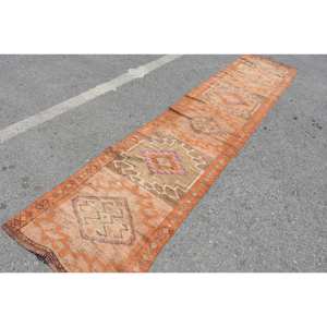 Alfombra de lana Vintage naranja y Beige de 2,6x12,1 pies, diseño de retazos de área grande clásico turco para adolescentes, estilos de pasillo rectangulares de látex - Product Image 2