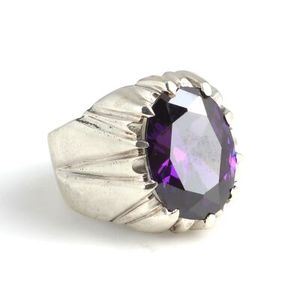 925 Sterling <b>Silver</b> Men's <b>Ring</b> Amethyst Color Stone <b>Plain</b> Polished Rhodium Plated Geometric Pattern Oval Cut Everyday Wear - Product Image 3