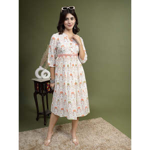 เดรสผ้าฝ้ายแท้ทรงเอไลน์สำหรับผู้หญิง ไซส์ XS ลายดอกไม้ ตกแต่งด้วยงานกระจก ดีไซน์หรูหราทันสมัย ระบายอากาศได้ดี ทรงเข้ารูปช่วงเอว - Product Image 1