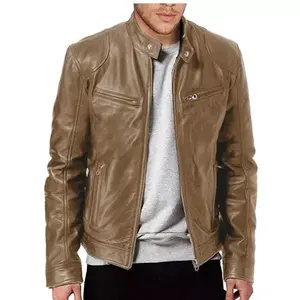 Blouson aviateur en peau de mouton véritable pour homme en cuir marron à col montant Veste de moto - Product Image 4