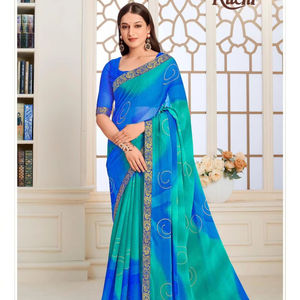 Saree de seda de gasa pura de diseñador en estilo Bollywood Hermoso color con borde de encaje elegante y pieza de blusa para ropa de fiesta - Product Image 1