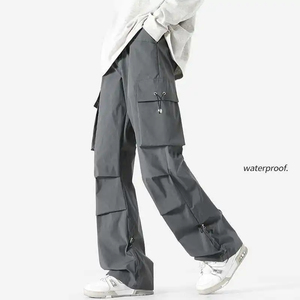 100% Polyester Oversized Fit Canvas Cargo Pants <b>Men</b> 6 Pocket Wide Leg <b>Elastic</b> Waist Eco-Friendly Streetwear Casual <b>Trousers</b> - Product Image 1