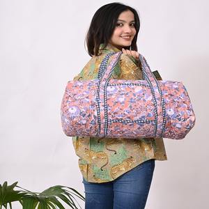 Handmade Indian Cotton Duffle <b>Bag</b> Quilted Design Hand Block Print Boho Style Weekender for <b>Yoga</b> Gymnastics Lightweight Zipper - Product Image 5