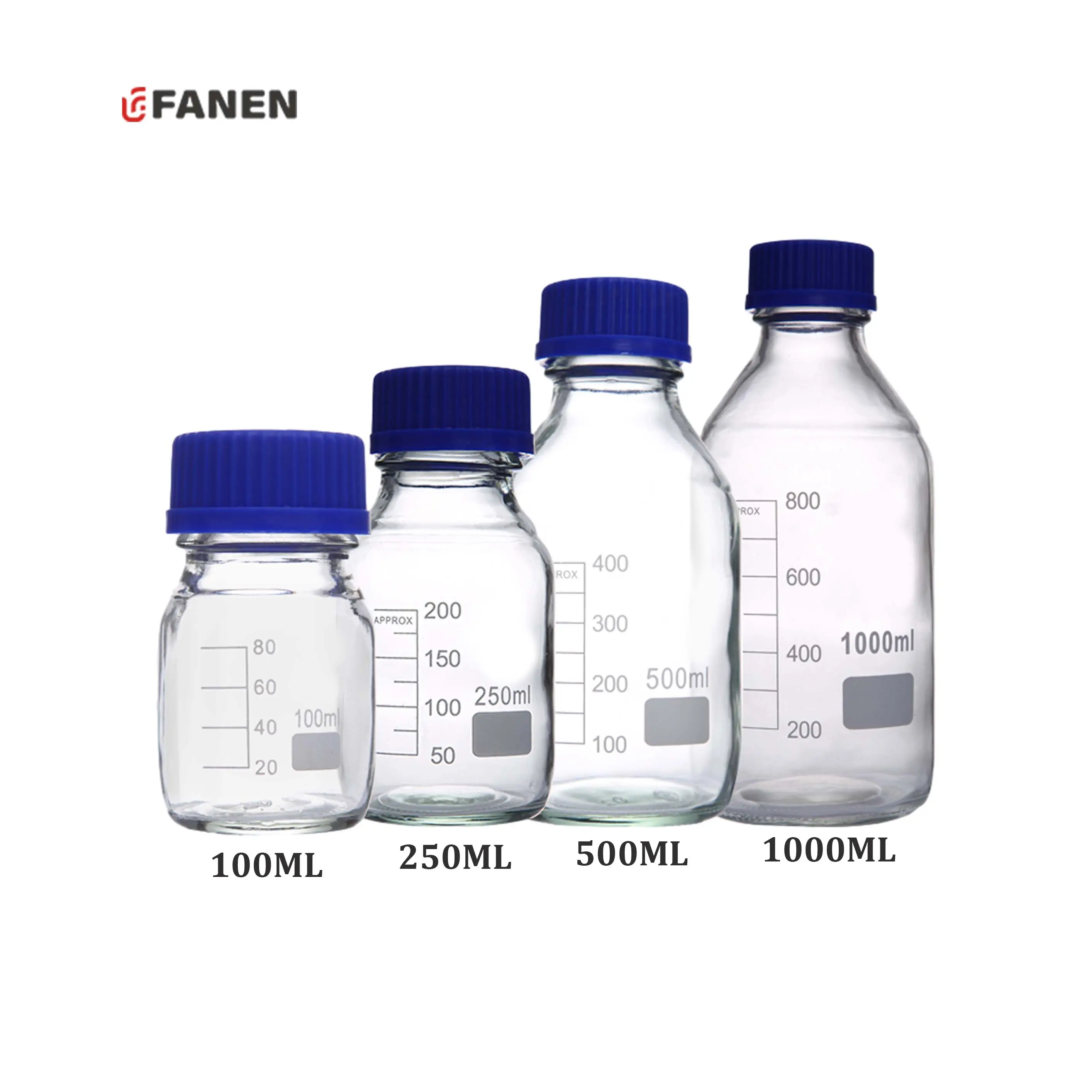 Fanen Lab 100ml ขวดรีเอเจนต์โปร่งใส Borosil พร้อมฝาเกลียวสีน้ําเงิน ขายส่งขวดสื่อแก้วเคมี