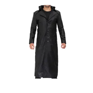 New Mens Black Long Leather Hooded Coat Full Customized With Faux shearling lining belted collar and half length Two side pocket