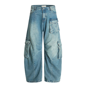 Pantalones Vaqueros Cargo de Cintura Alta para Hombre, Corte Holgado, Estilo Utilitario, Lavado a la Piedra, Color Azul, Pierna Ancha, Tela de Algodón para Primavera - Product Image 1