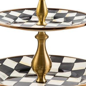 Soporte de pastel de lujo de 2 niveles con diseño a cuadros y pedestal dorado, bandeja decorativa redonda para postres, ideal para el té de la tarde y decoración de fiestas. - Product Image 5
