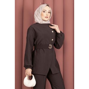 Conjunto de Traje de Dos Piezas para Mujer de Diseño con Botones Dorados y Cinturón Color Café - Product Image 2
