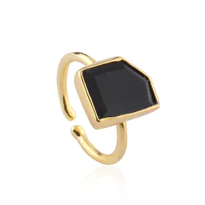 Gold Plated Brass metal Black Onyx Gemstone Adjustable Rings Square Shape Collet Setting Gemstone Ring Jewelry. Mode Joyas R-499