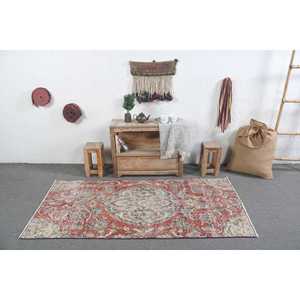 Vintage Rug 3.1x6.4 ft, <b>Red</b> Blue Solid <b>Wool</b> Turkish Rug - Product Image 3