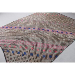 พรมตุรกีขนาดใหญ่ 6.4x8.3 ฟุต พรมวินเทจสีน้ำตาลชมพูลายทาง ทำจากขนสัตว์ - Product Image 4