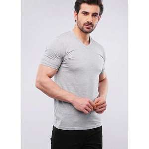 Camiseta ajustada con cuello de pico gris para hombre, 100% algodón, informal, básica, elegante, cómoda, ropa de verano para uso diario, patrón sólido de punto - Product Image 2