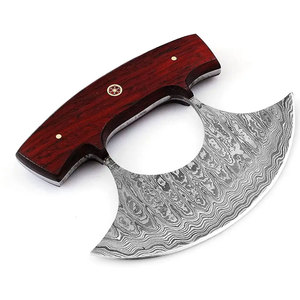 Couteau Ulu en acier Damas durable avec construction à lame pleine, manche en bois dur et lame incurvée pour le boucherie, la découpe et l'usage culinaire - Product Image 2