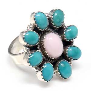 Bague ajustable en argent sterling et turquoise Arizona faite à la main, bague en grappe en opale rose pour femme - Product Image 4