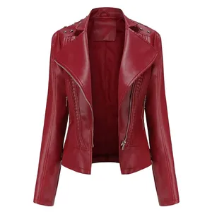 Chaqueta de Motocicleta de Moda para Mujer, Cuello en V, Manga Larga, Cuero Genuino, Adorno de Piel de Oveja, Relleno de Algodón, para Todas las Temporadas - Product Image 1