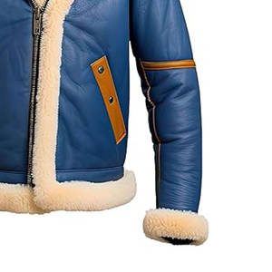 Custom <b>Men's</b> Blue <b>Shearling</b> Leather <b>Jacket</b> Warm Fur Lined Aviator Bomber Winter Coat Zip Up Motorcycle Outerwear - Product Image 5
